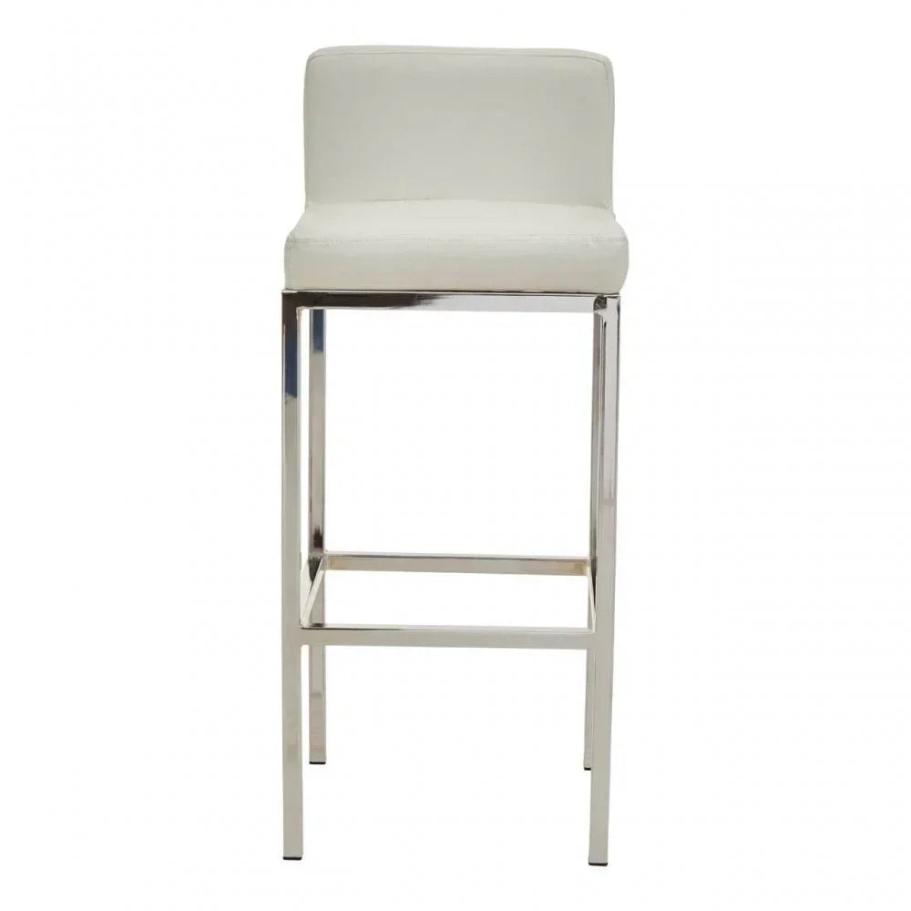 White bar stool with chrome metal legs and low backrest, front view