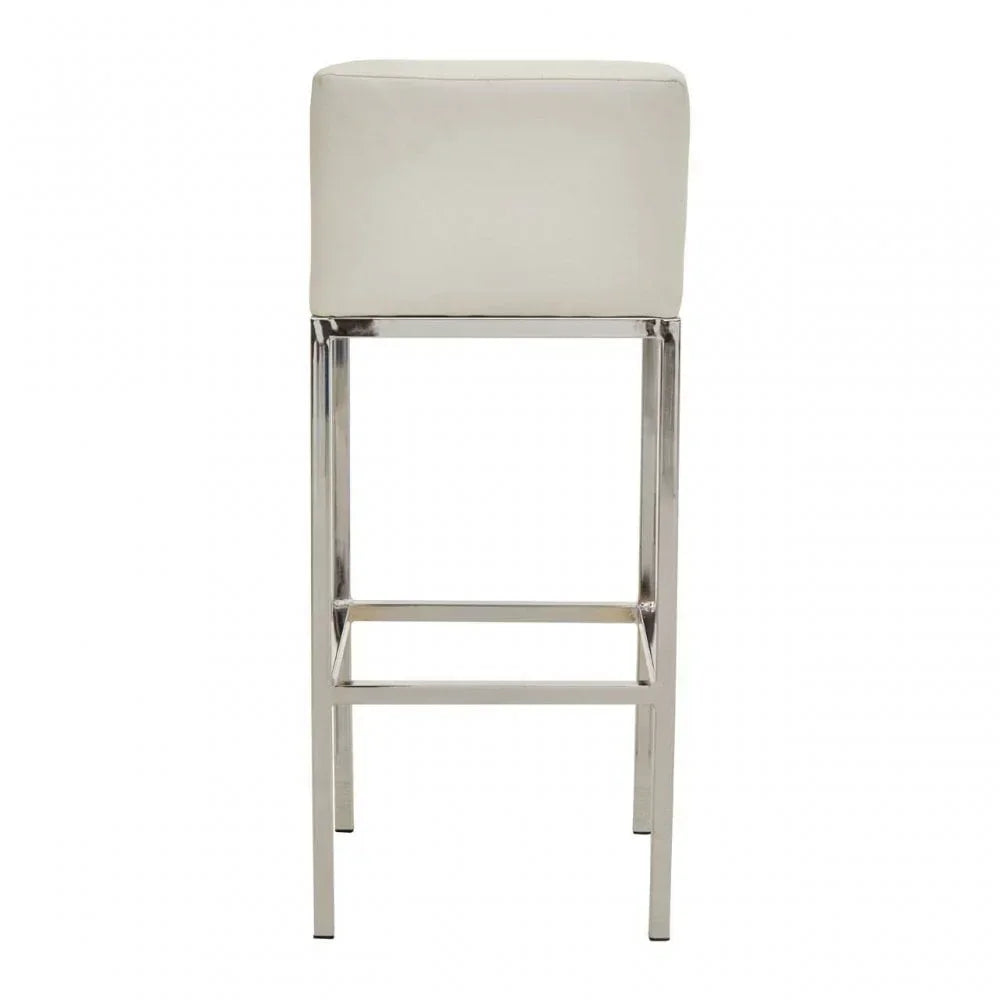 White bar stool with chrome legs and padded seat, front view
