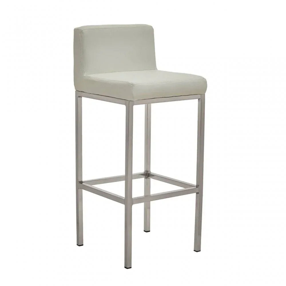 White faux leather bar stool with chrome legs and low backrest