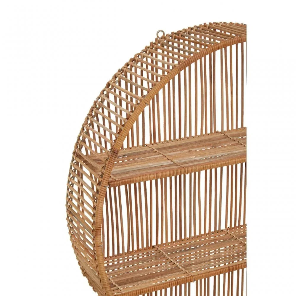 Round rattan wall shelf with open slatted design and two-tier storage shelves