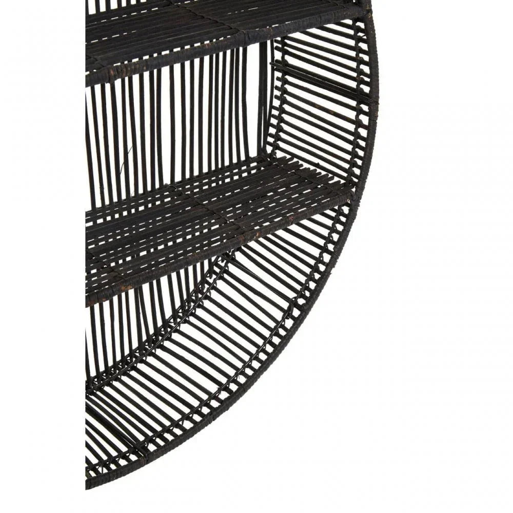 Black rattan circular wall shelf with open design and horizontal shelving detail