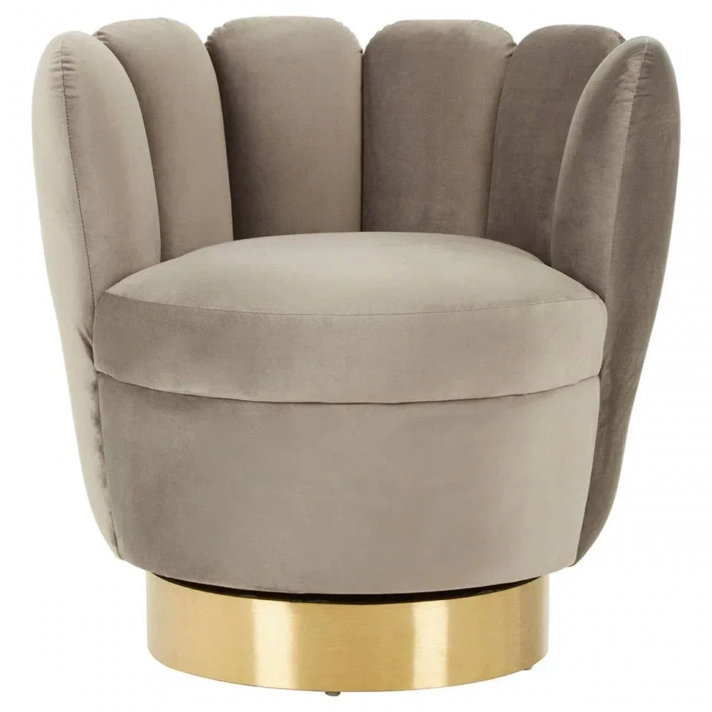 Beige velvet accent chair with scalloped backrest and gold metal swivel base