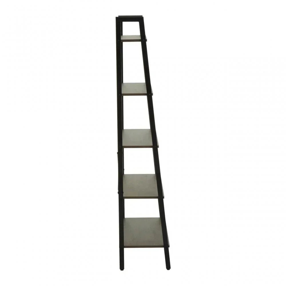 Tall black metal ladder shelf with five wooden tiers shown from narrow side view