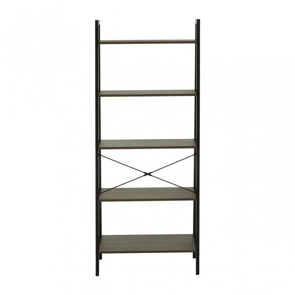 Tall five tier shelving unit with black metal frame and wood shelves, front view