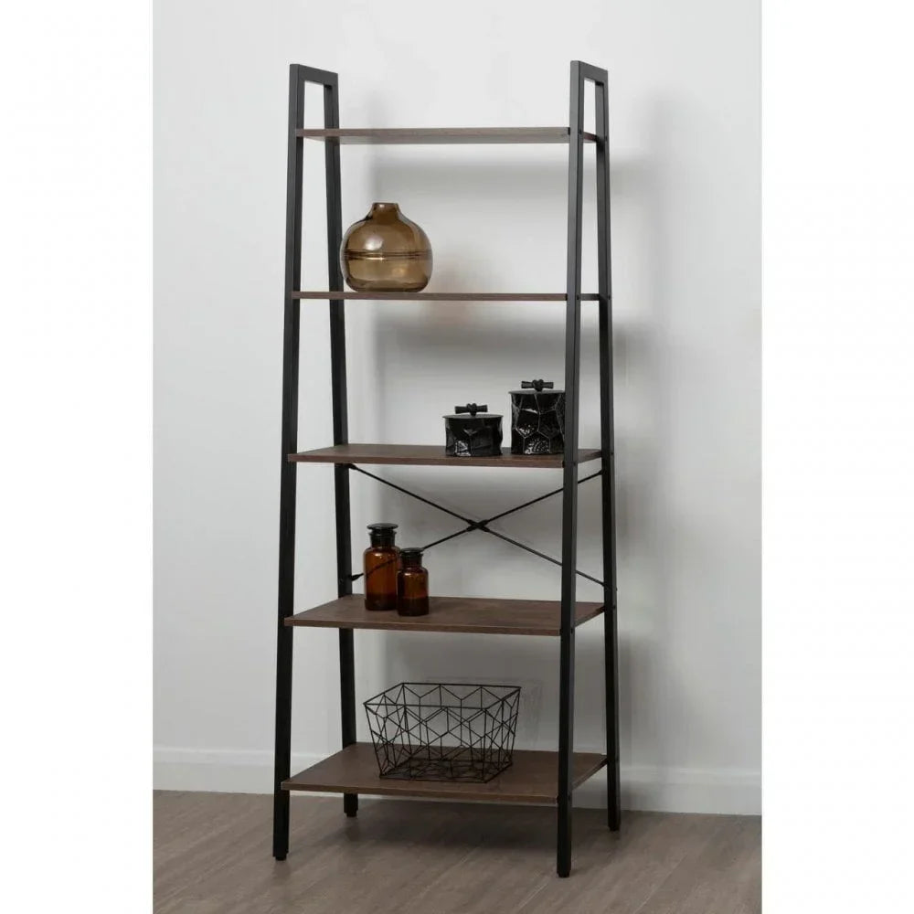 Industrial ladder bookcase with black frame and wooden shelves, styled with decorative jars