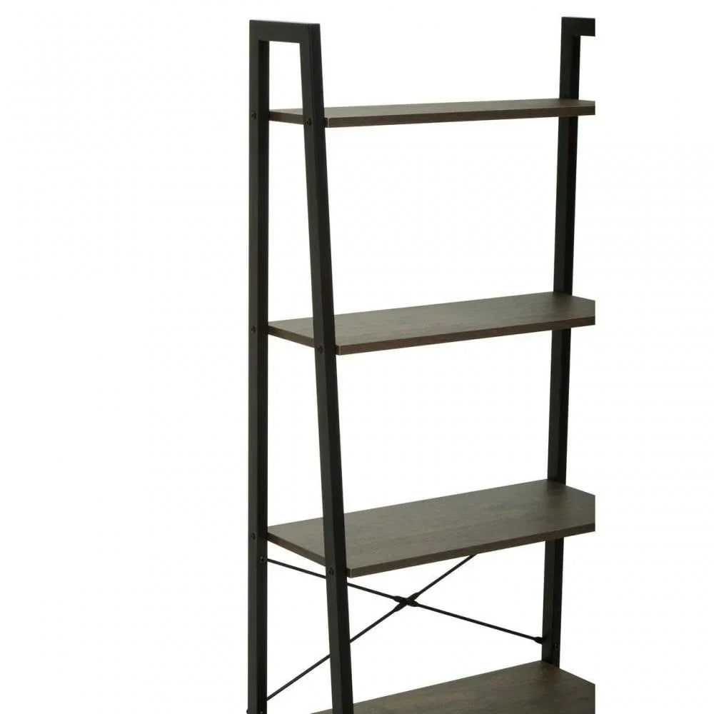 Industrial ladder bookcase with black metal frame and dark wood shelves, side angle view