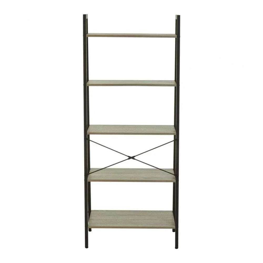 Five tier wooden shelving unit with black metal frame and cross supports, front view