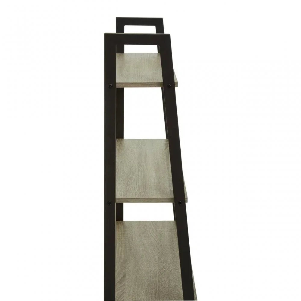 Side angle of wooden shelving unit with black metal frame and three open shelves