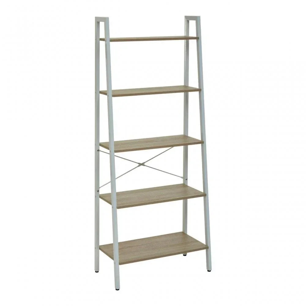 Ladder bookcase with light wood shelves and white metal frame, freestanding shelving unit