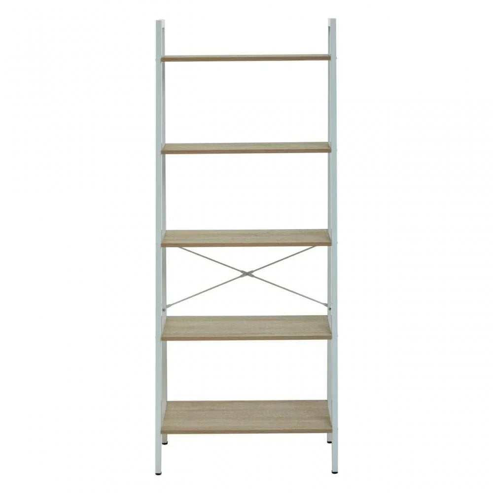 Tall wooden shelving unit with five light oak shelves and white metal frame