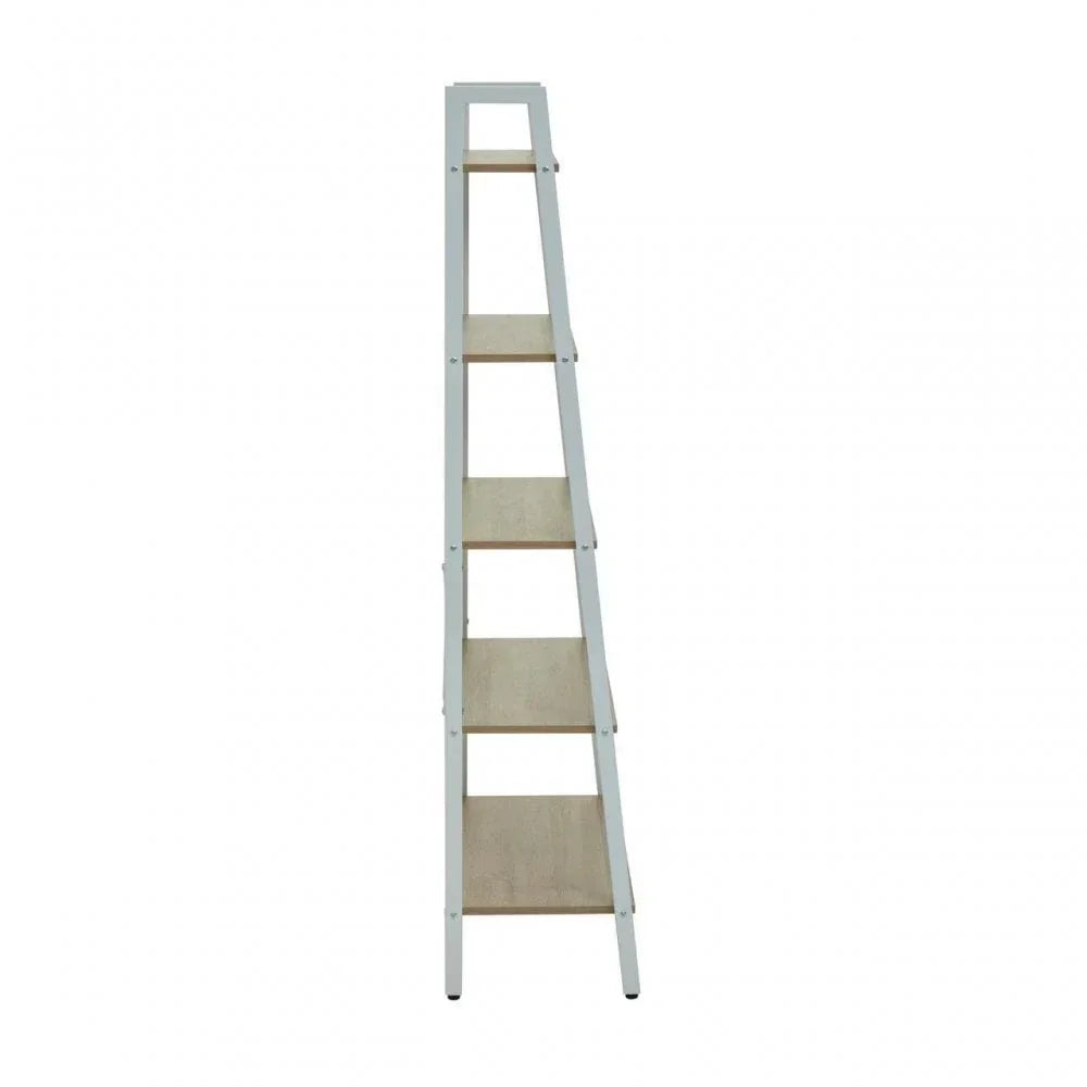 White wood ladder shelf unit with five tiers, front view, showcasing storage shelves