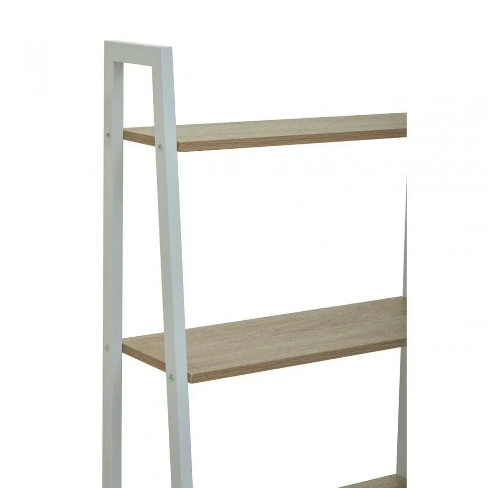 Three tier wooden shelving unit with white metal frame, side view