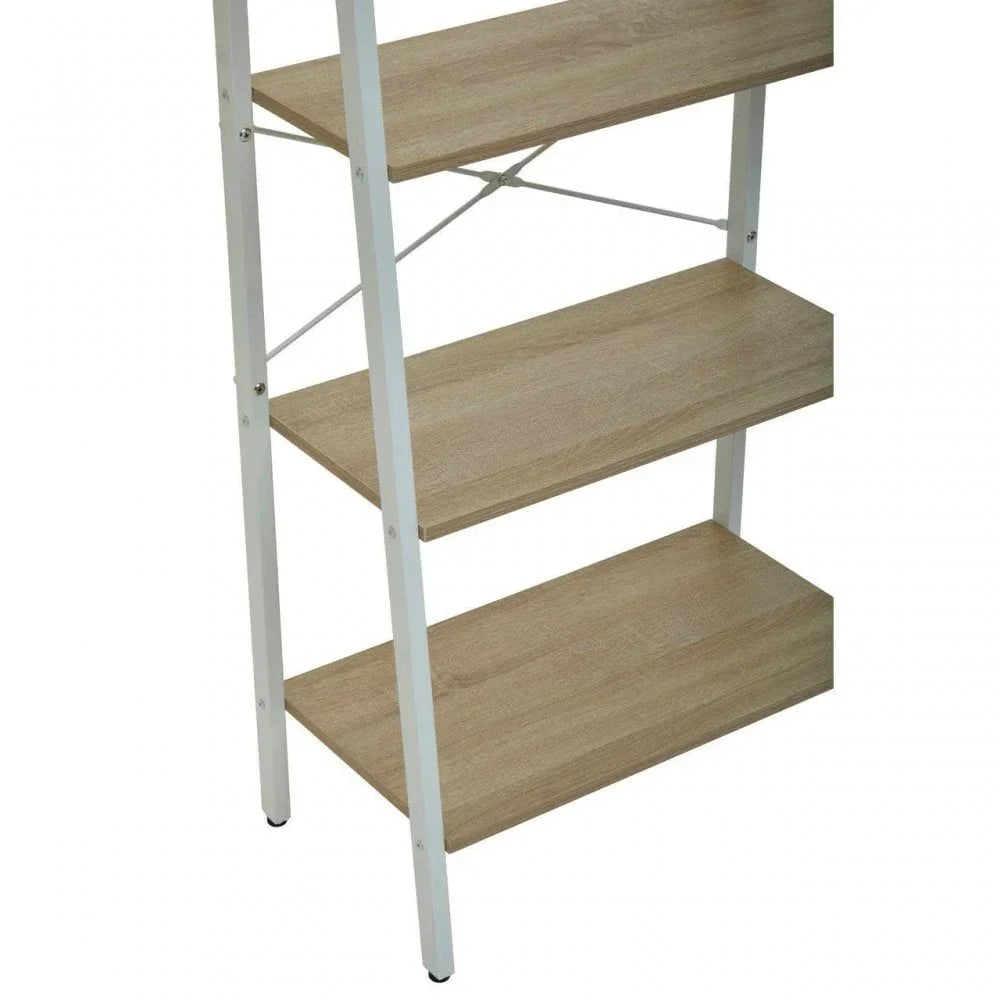 Light oak effect shelving unit with white metal frame, angled side view