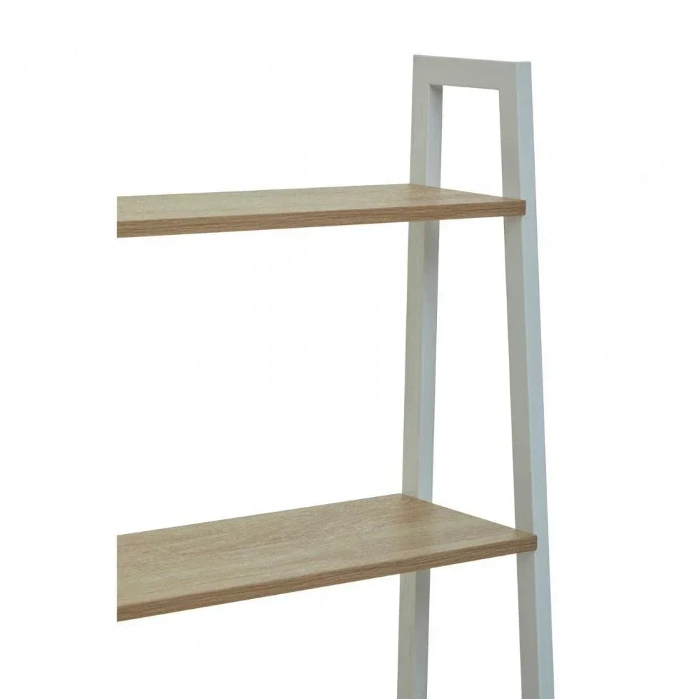 Ladder shelf with light wood shelves and white frame, side angle view