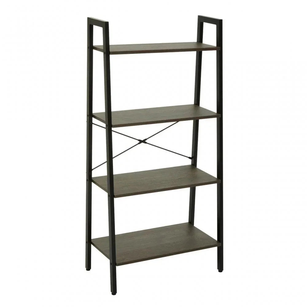 Industrial style bookcase with black metal frame and four wooden shelves