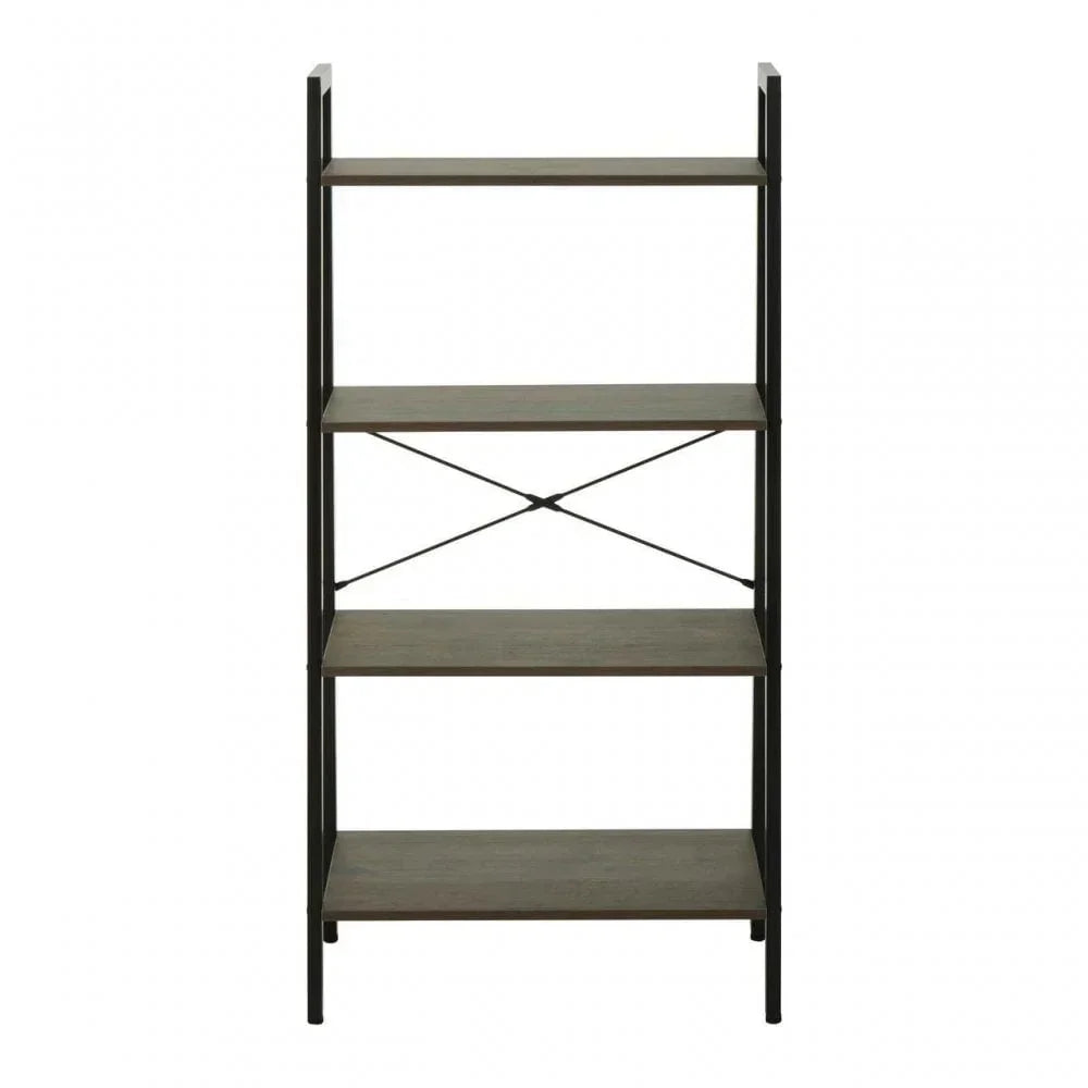 Industrial style bookshelf with four wooden shelves and black metal frame, front view