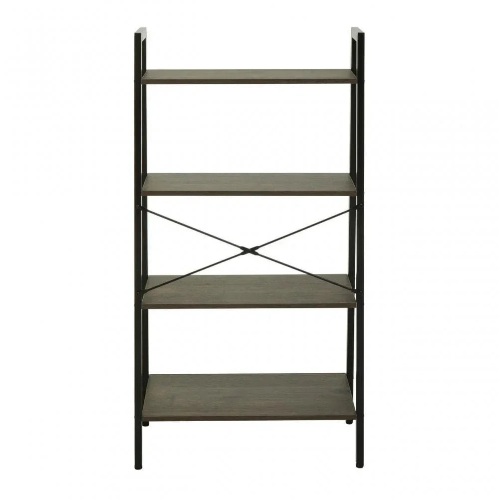 Industrial bookcase with four wooden shelves and black metal frame, front view