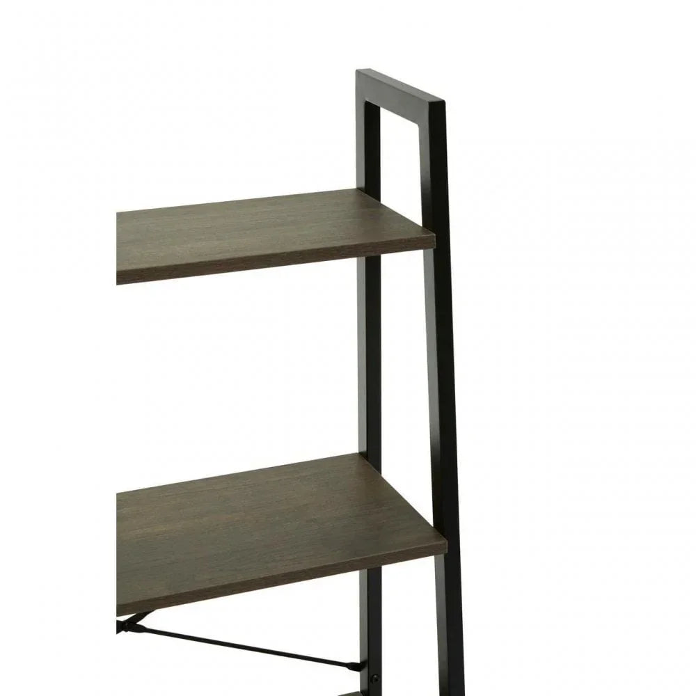 Closeup of dark wood shelving unit with black metal frame and two visible shelves