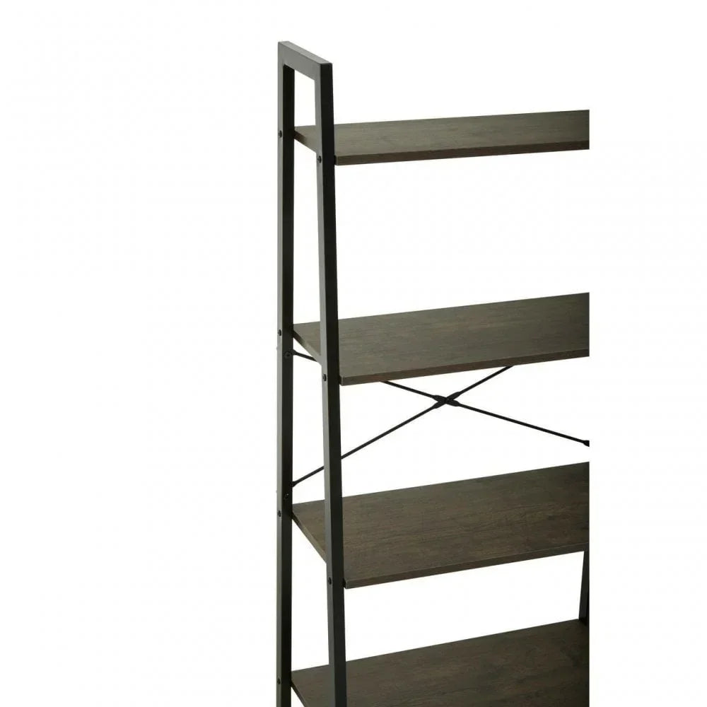 Tall black metal frame bookshelf with four dark wood shelves, side angle view