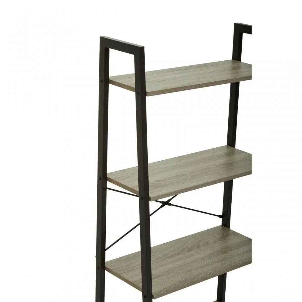 Industrial wood and metal shelving unit with ladder frame and three open shelves