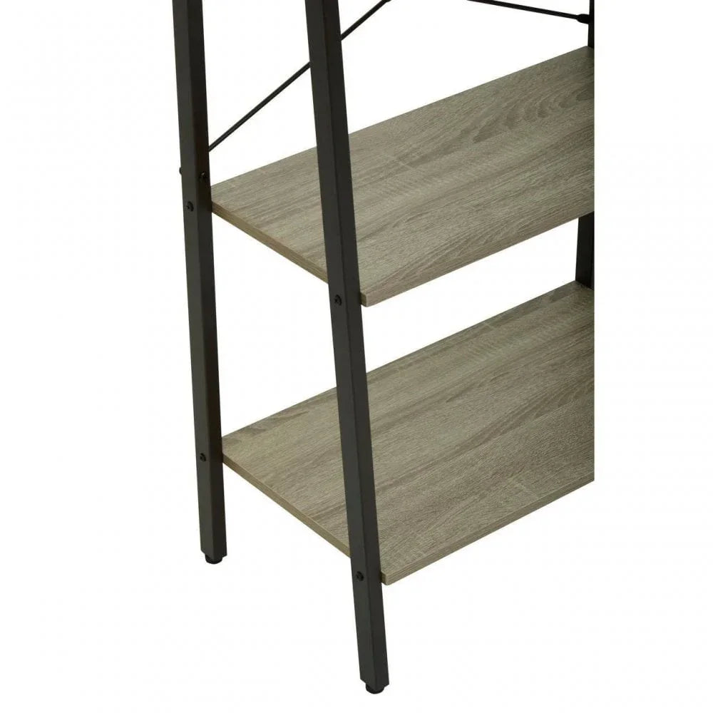 Close-up of wooden shelving unit with black metal frame and two shelves