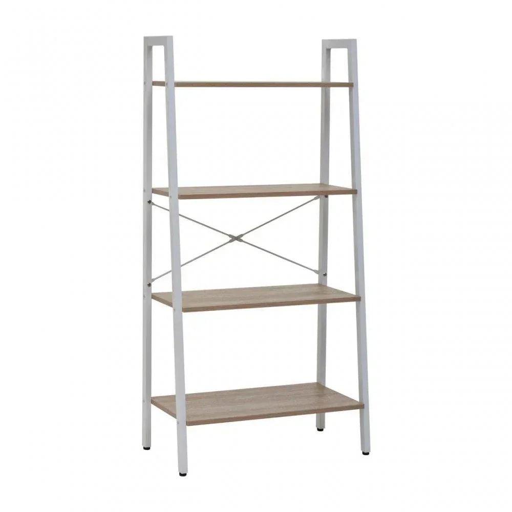 Four tier ladder bookshelf with white metal frame and wood shelves on white background