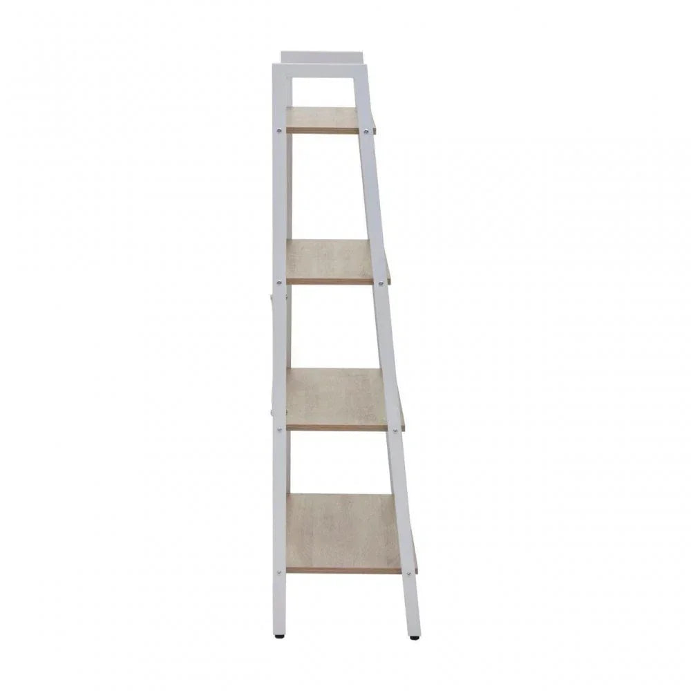 Ladder shelf unit with white frame and four light wood tiers, front facing view