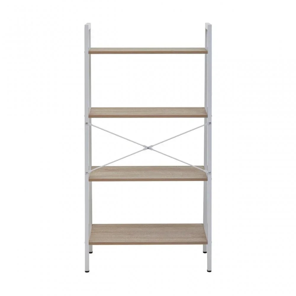Four tier shelving unit with light wood shelves and white metal frame, front view