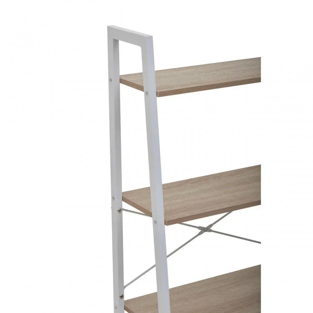 Modern bookshelf with white metal frame and three wood shelves, side angle view