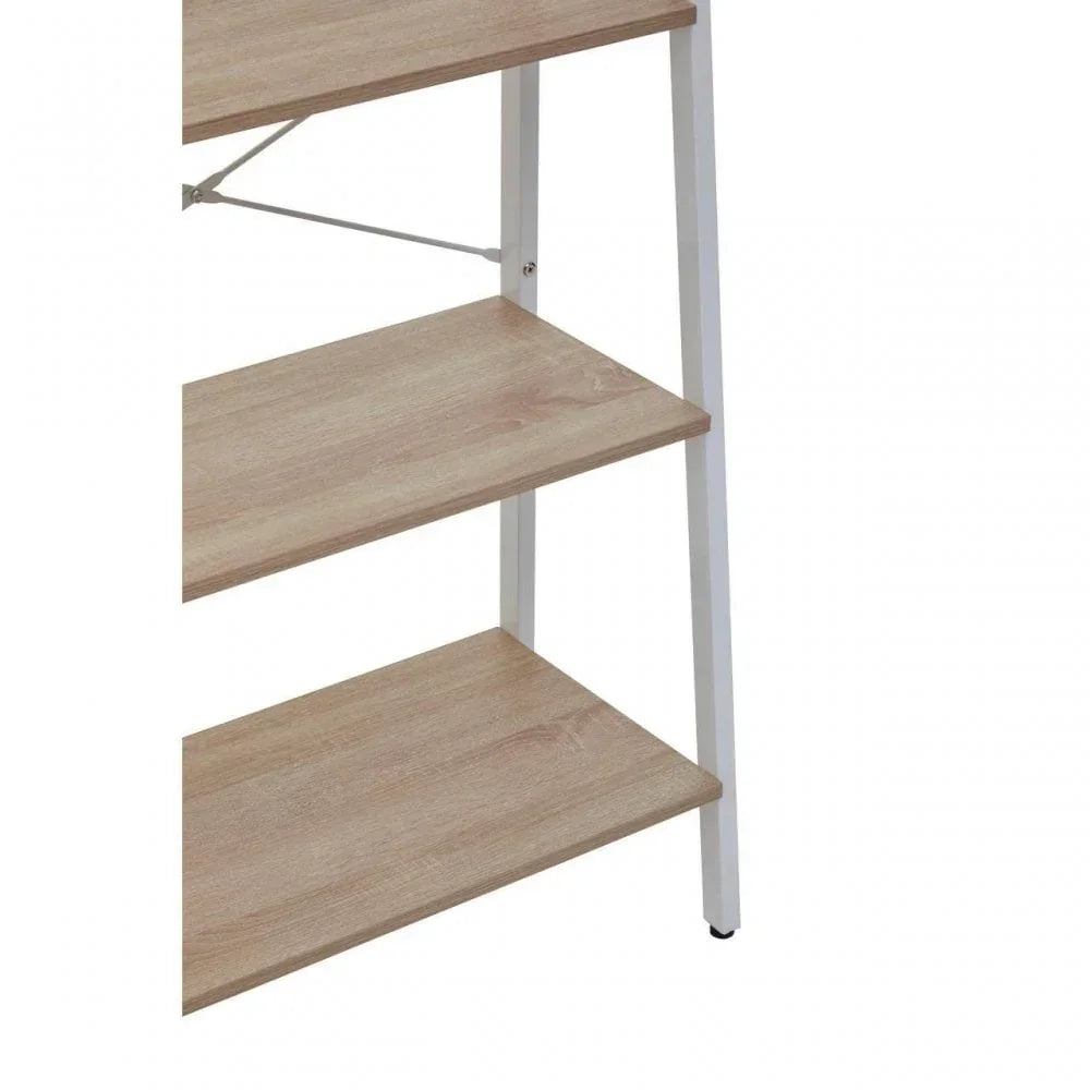 Close view of wooden shelving unit with white metal frame and three light oak shelves