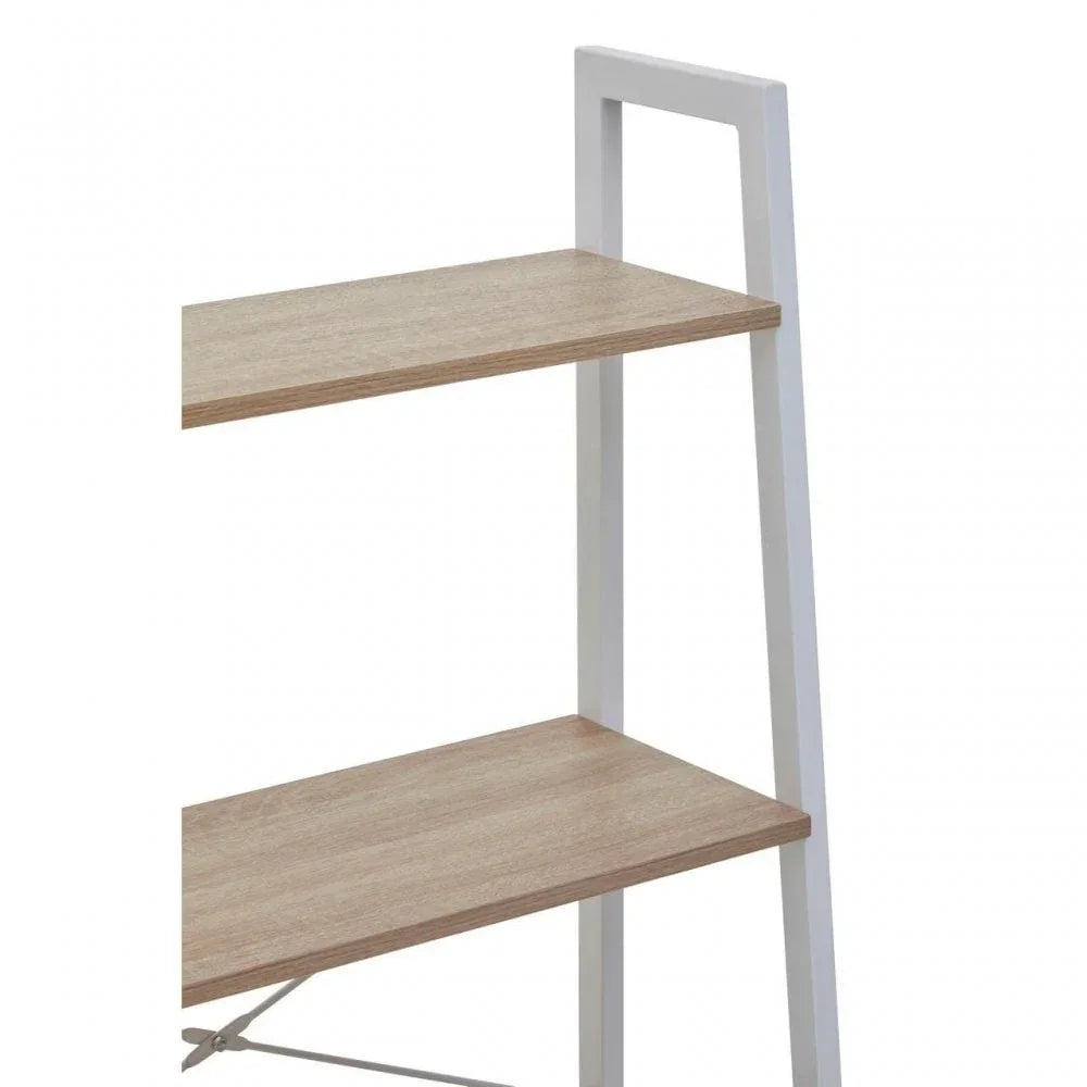 Closeup of ladder bookcase shelves with light wood finish and white metal frame