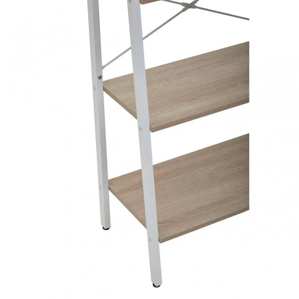 Close view of wooden shelving unit with white metal frame and three open shelves
