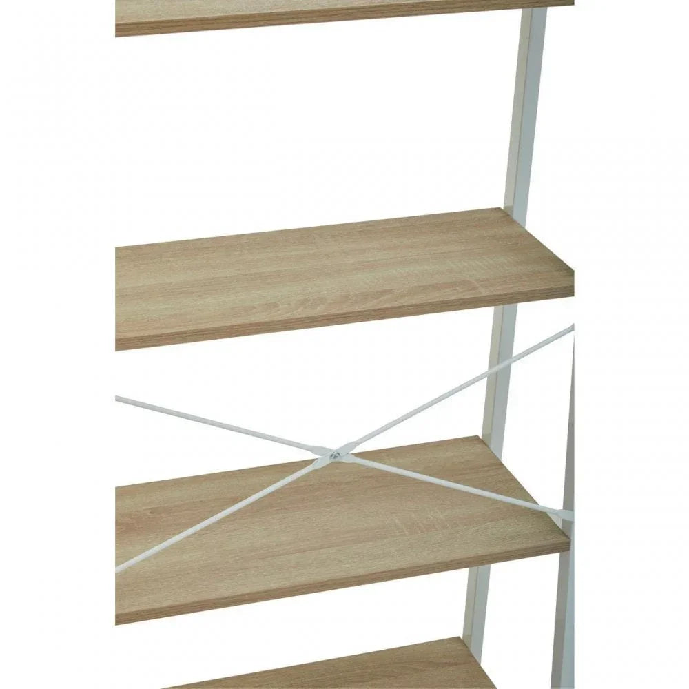 Oak effect shelving unit with white metal frame and crossbar support detail