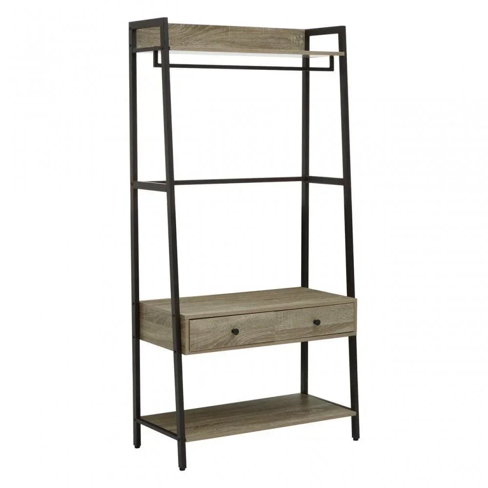 Industrial clothes rail with wooden drawer, metal frame and storage shelves