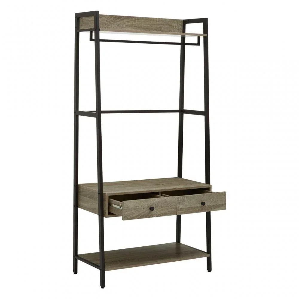 Industrial clothes rail with shelf and two open drawers, wood finish and metal frame