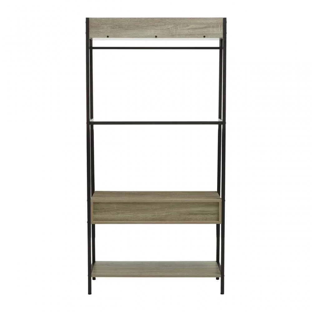 Tall shelving unit with black metal frame and wood effect shelves, front view