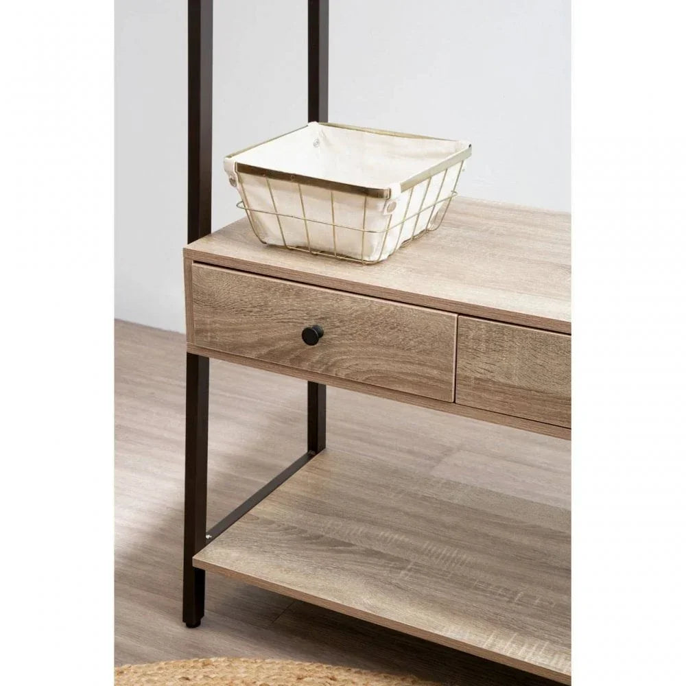 Light wood console table with drawer, black metal frame, and storage basket on top
