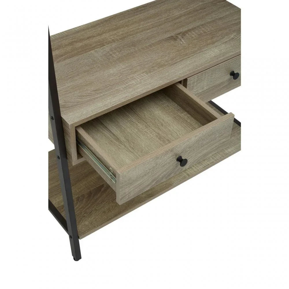 Oak effect console table with open drawer and black metal frame