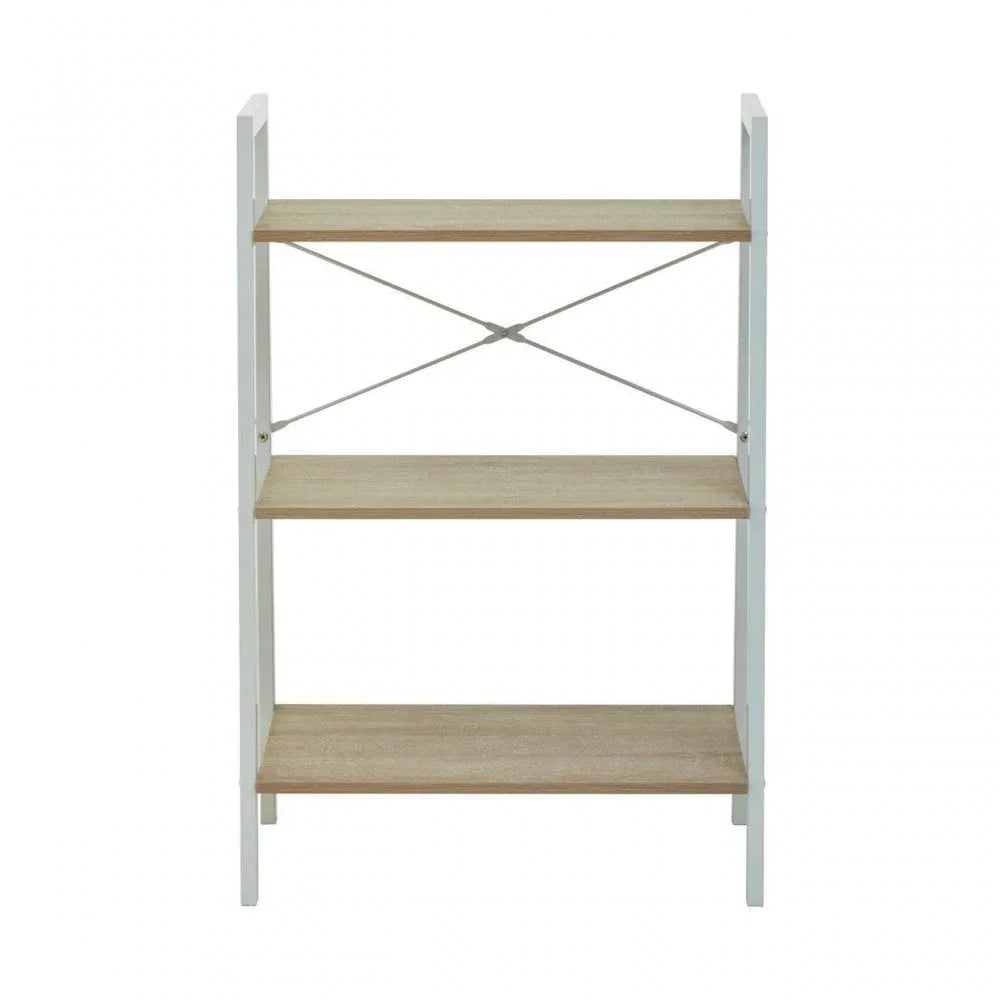 Three tier wooden shelving unit with white frame and crossbar support, front view