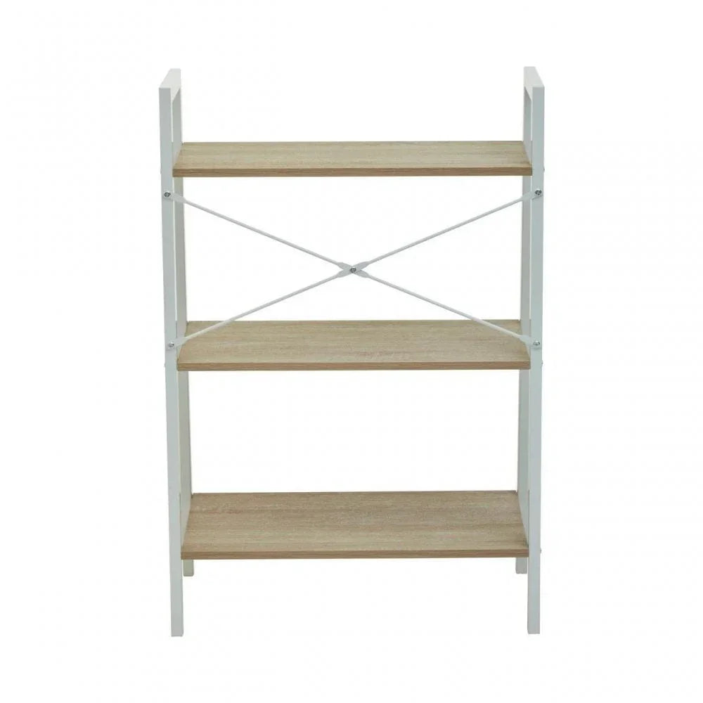Three tier wooden shelving unit with white metal frame and crossbar support