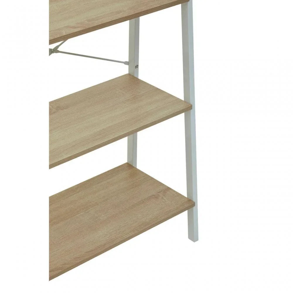 Light oak effect shelving unit with white metal frame, close view of three shelves