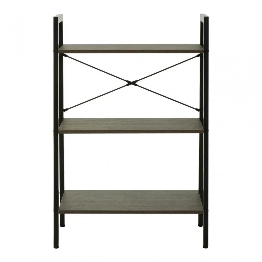 Three tier metal and wood shelving unit with black frame and crossbar support