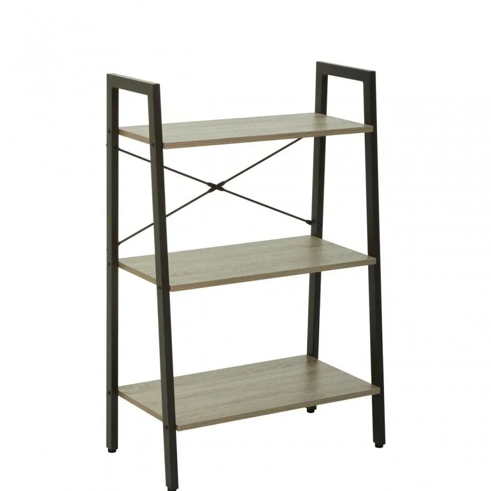 Three tier wooden shelf unit with black metal frame and open back design