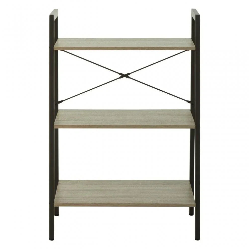 Three tier wooden shelving unit with black metal frame and cross bar support
