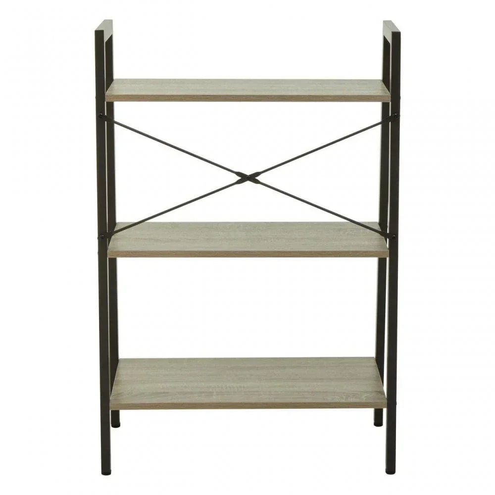 Three tier shelving unit with black metal frame and light wood shelves, front view