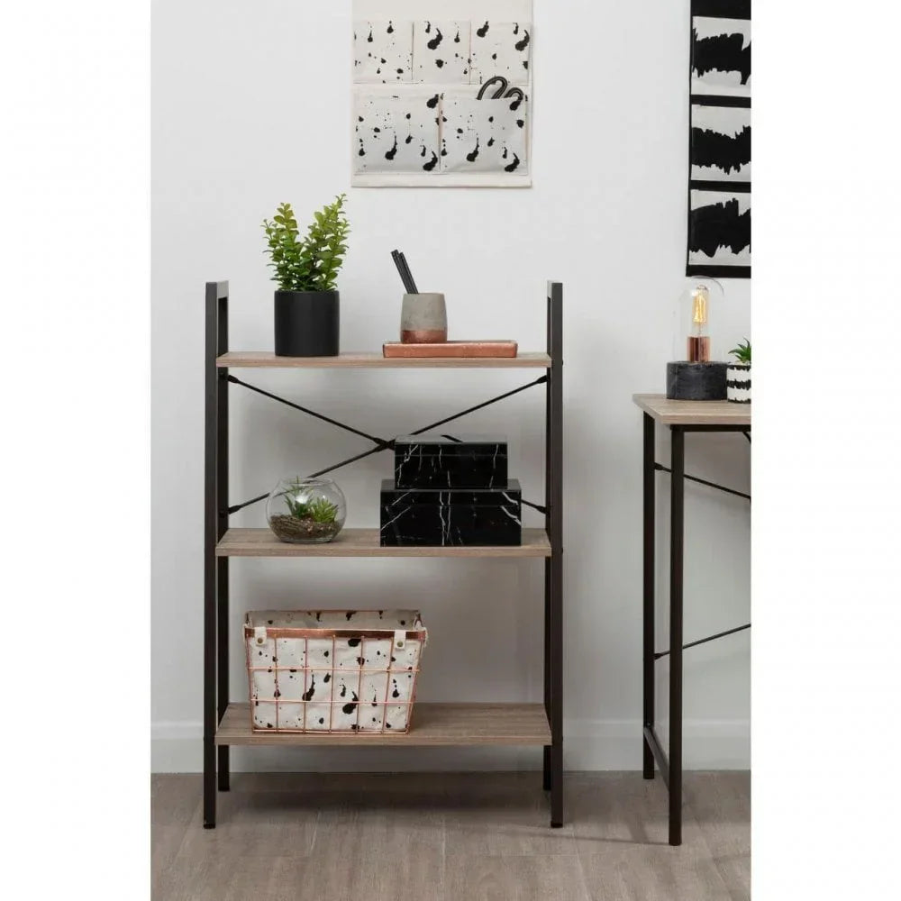 Three tier wooden shelving unit with metal frame, decorative storage boxes and plants