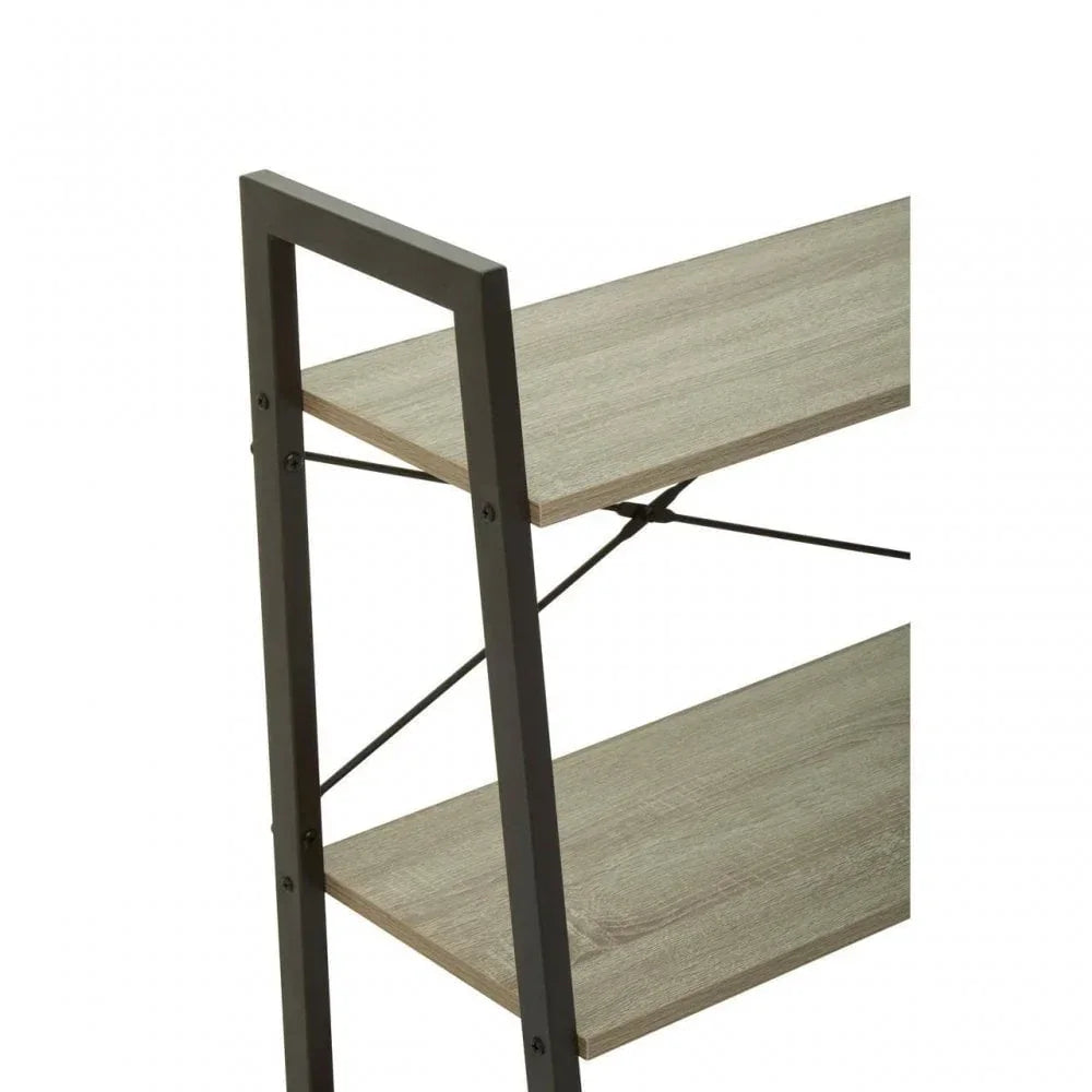 Close up of wooden shelving unit with black metal frame and two shelves