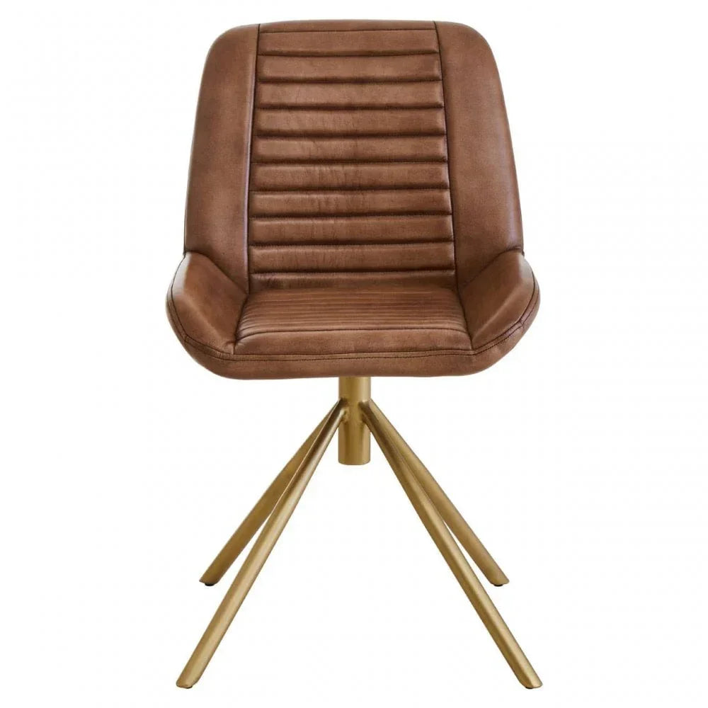 Brown leather dining chair with ribbed backrest and angled gold metal legs, front view