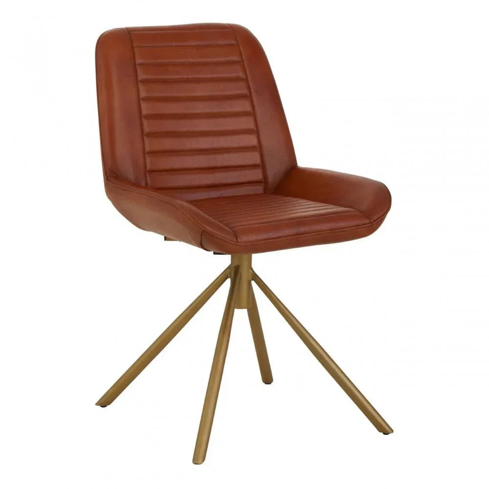 Brown leather dining chair with gold metal legs and ribbed upholstery, angled front view