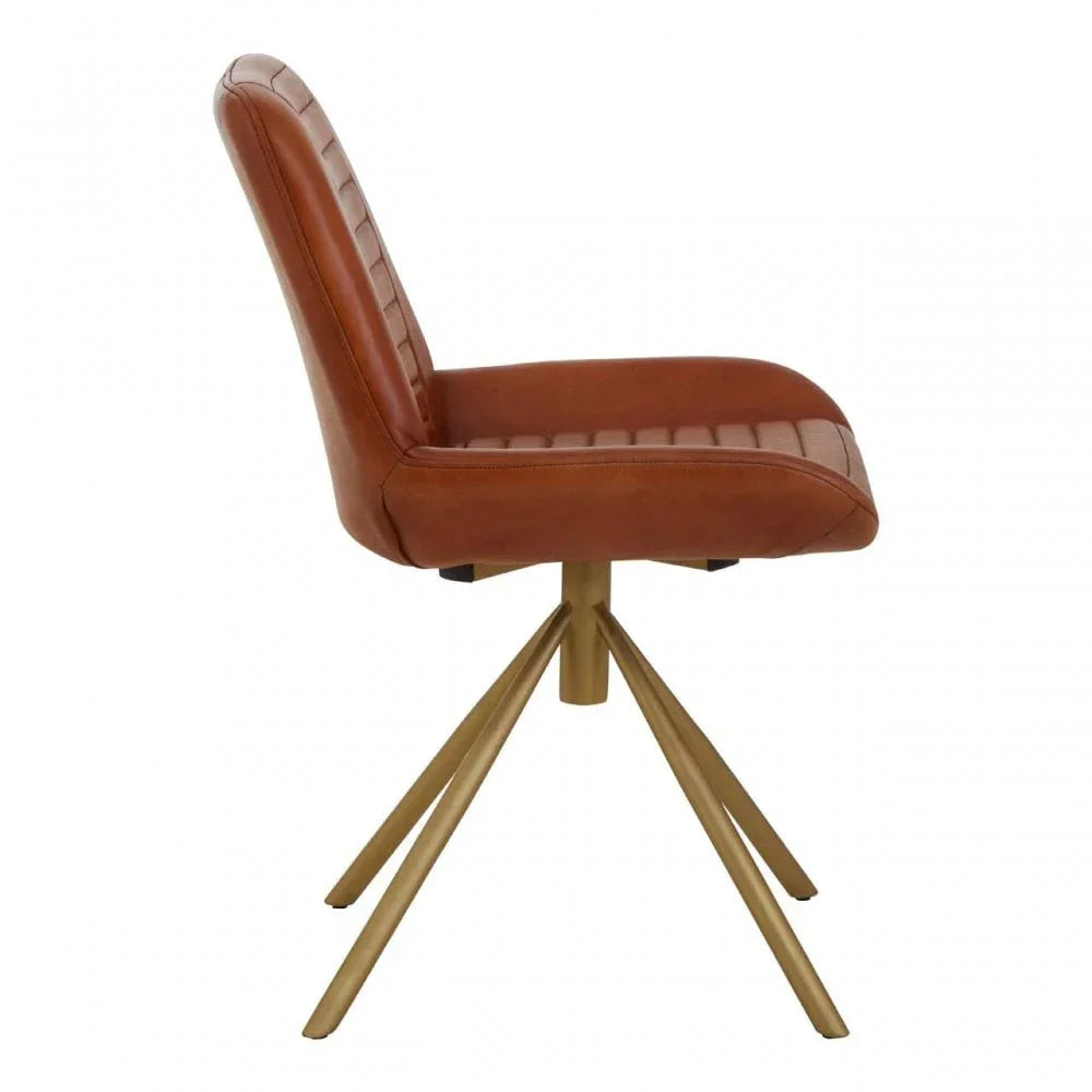 Brown leather dining chair with gold metal legs, side profile view